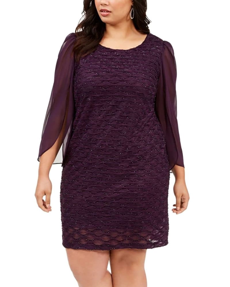 Front of a model wearing a size 24W Connected Women's Plus Size Jacquard Tulip-Sleeve Dress Purple Size 24W in Purple by Connected. | dia_product_style_image_id:312782